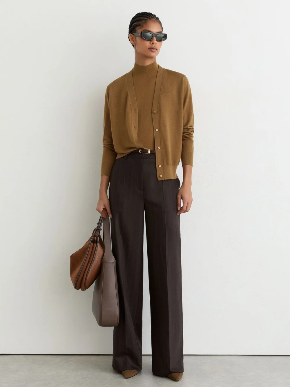 Reiss Camel Ultra-soft Merino Wool V-neck Cardigan, view 3
