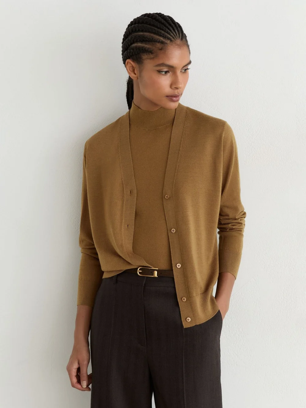 Reiss Camel Ultra-soft Merino Wool V-neck Cardigan, view 4