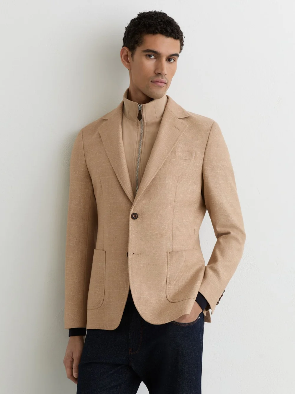 Reiss Camel Wool-blend Gilet-insert Single-breasted Blazer