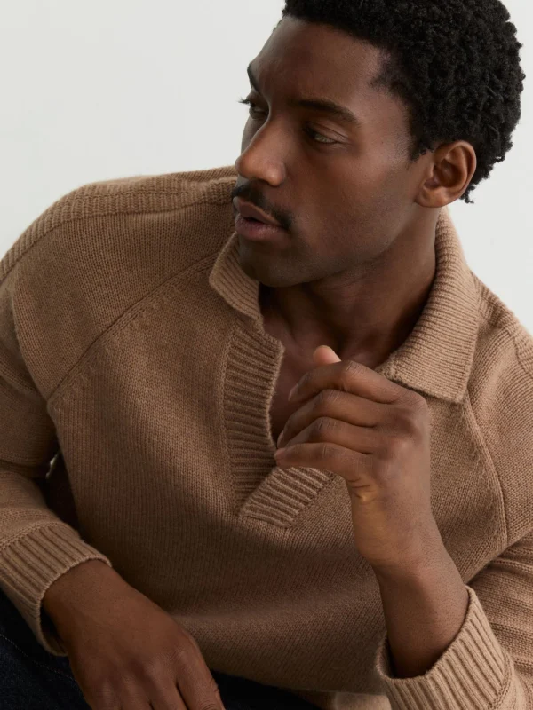 Reiss Camel Wool-blend Open-collar Jumper