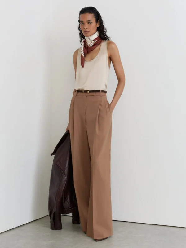 Reiss Camel Wool-blend Wide-leg Pleated Trousers