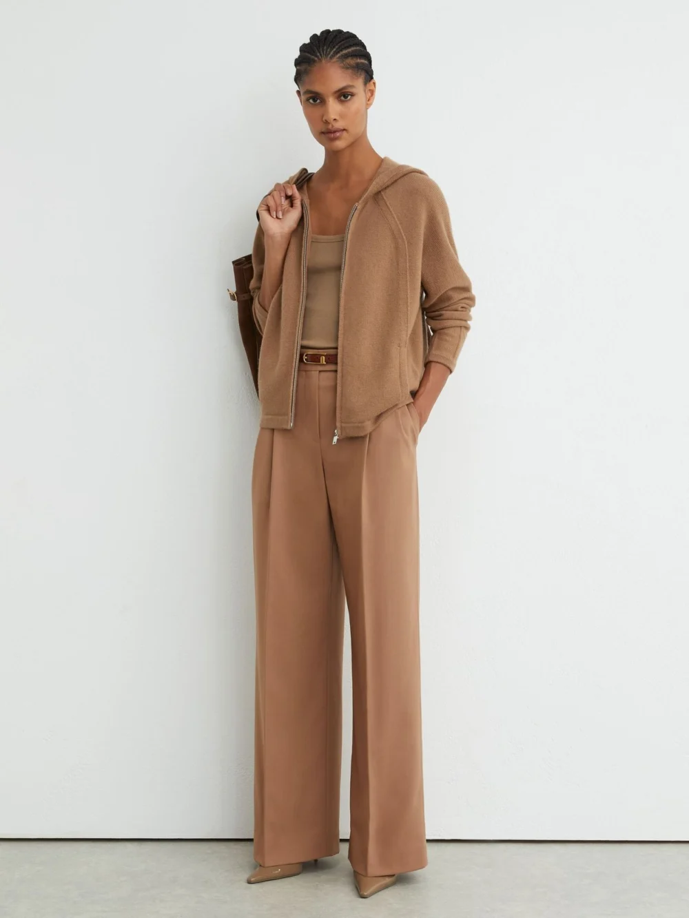 Reiss Camel Wool-blend Zip-through Hoodie with Cashmere, view 4