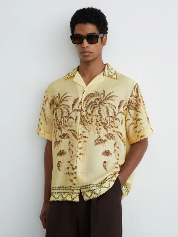 Reiss Camino Men's Yellow Palm-print Cuban-collar Shirt