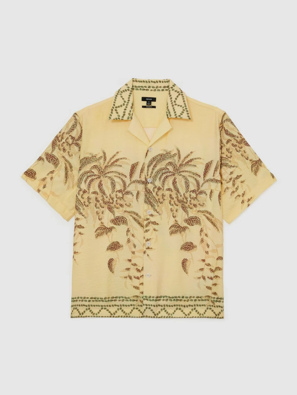 Reiss Camino Men's Yellow Palm-print Cuban-collar Shirt, view 2
