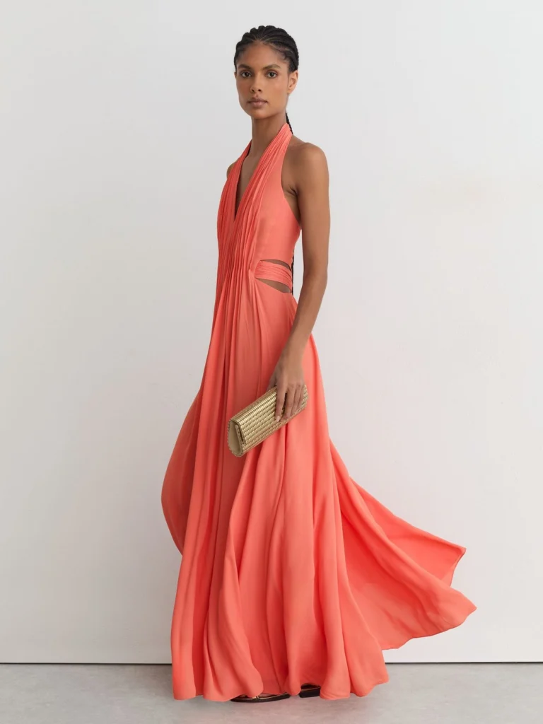 Reiss Cara Coral Pink Halterneck Pleated Maxi Dress