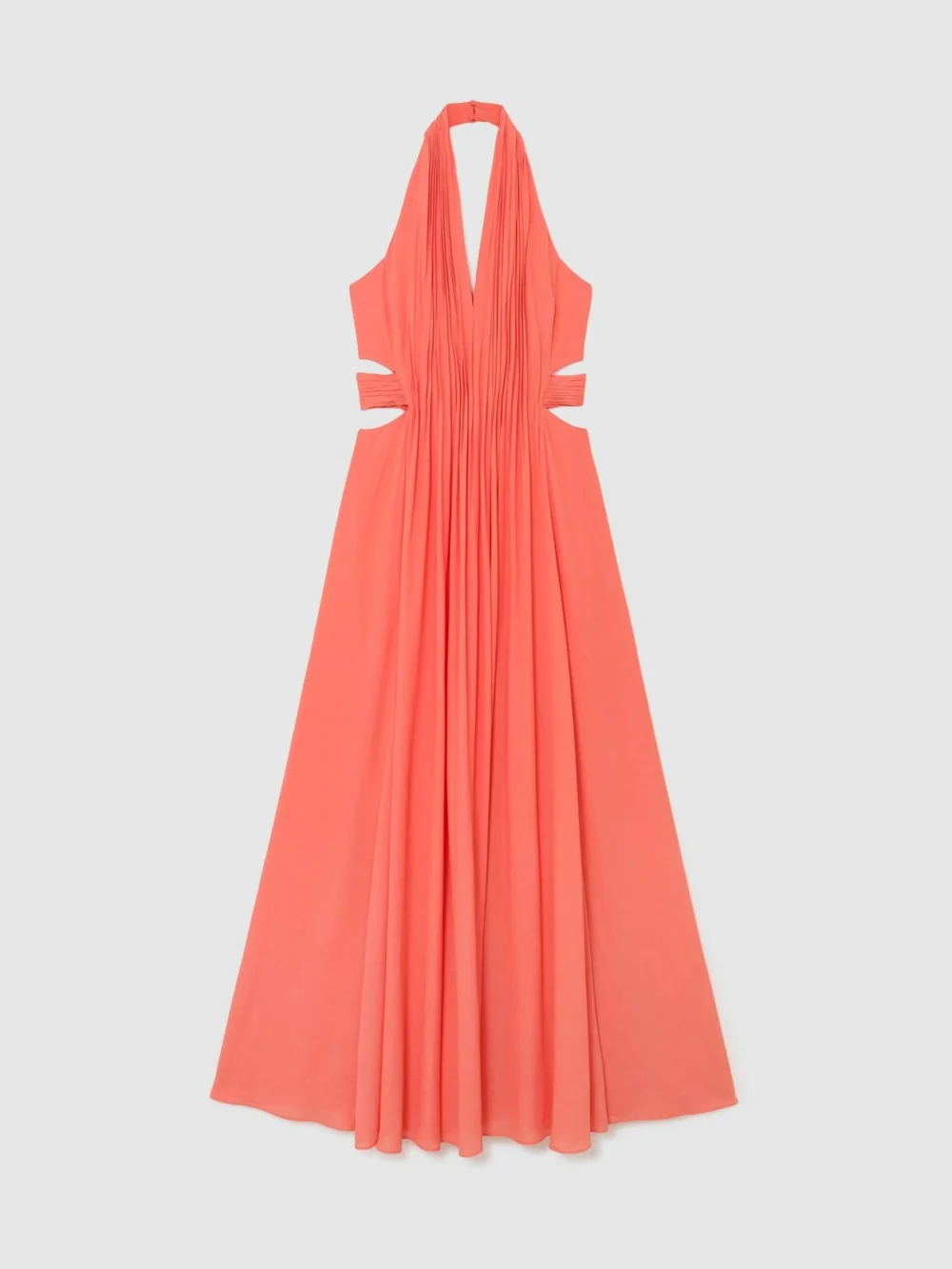 Reiss Cara Coral Pink Halterneck Pleated Maxi Dress, view 2