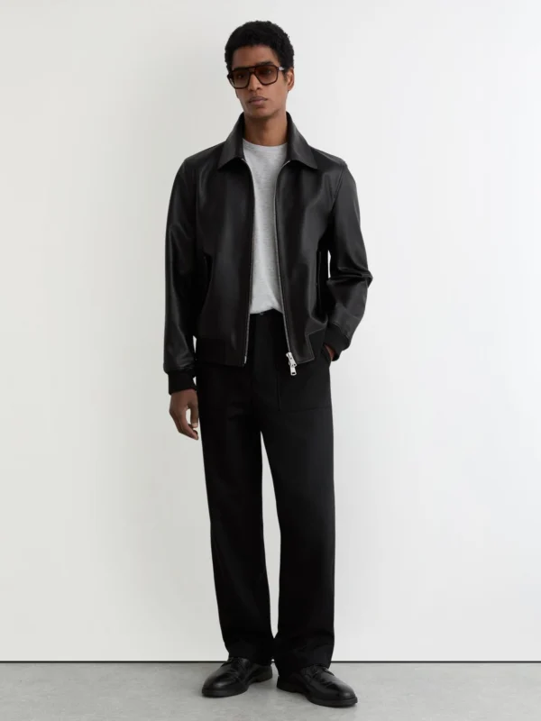 Reiss Carlos Men's Black Leather Zip-through Jacket