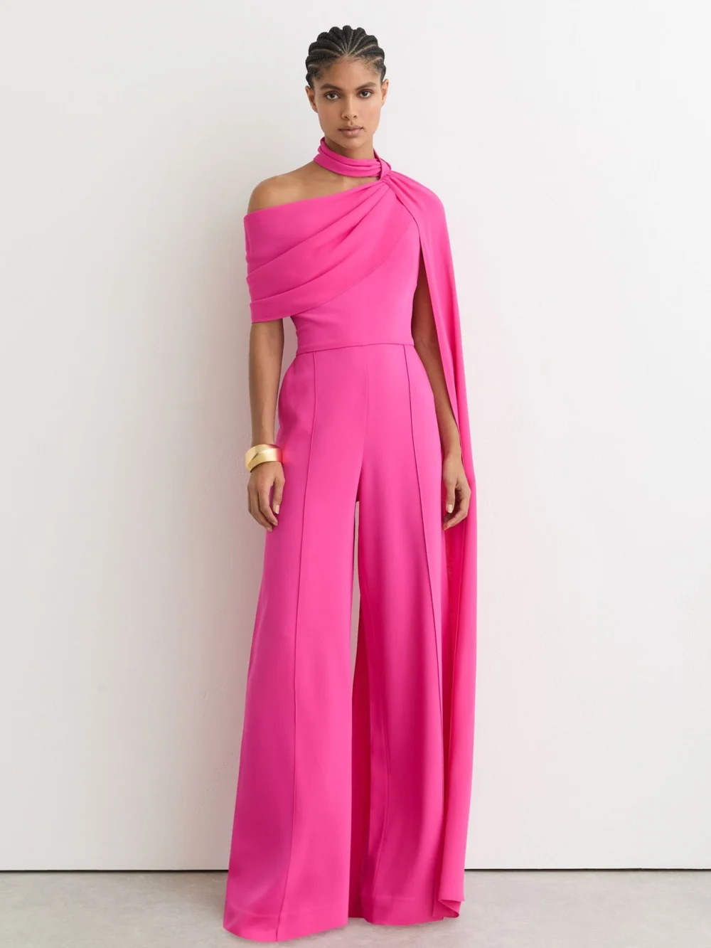 Reiss Carrie Raspberry Pink One-shoulder Drape Wide-leg Jumpsuit
