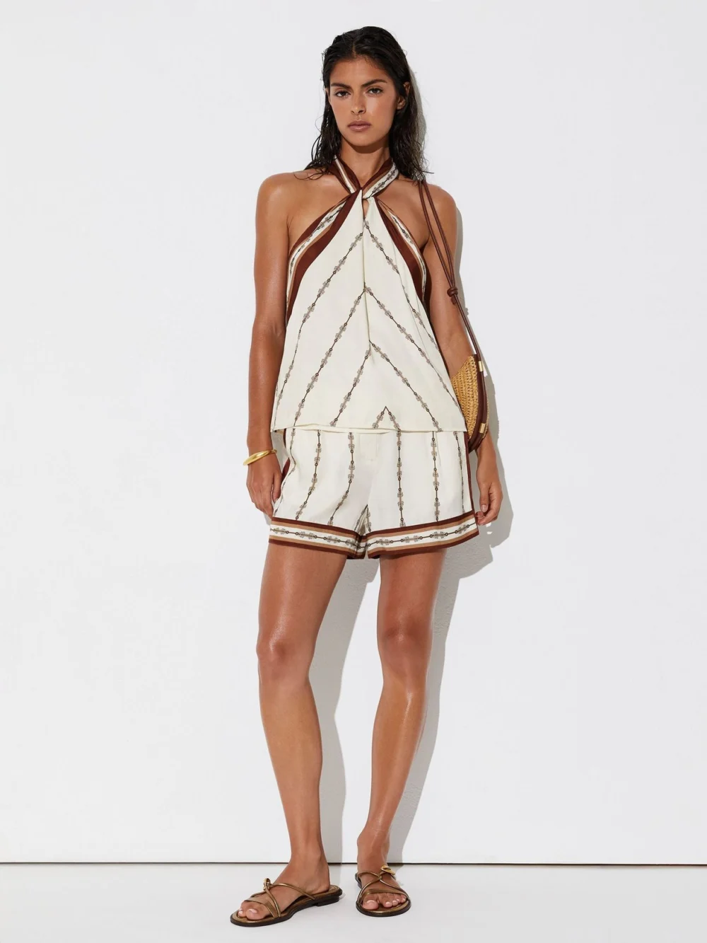 Reiss Chain-print Halterneck Top in ivory