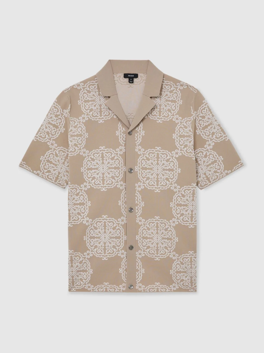 Reiss Champagne & White Jacquard Knit Cuban-collar Shirt, view 2