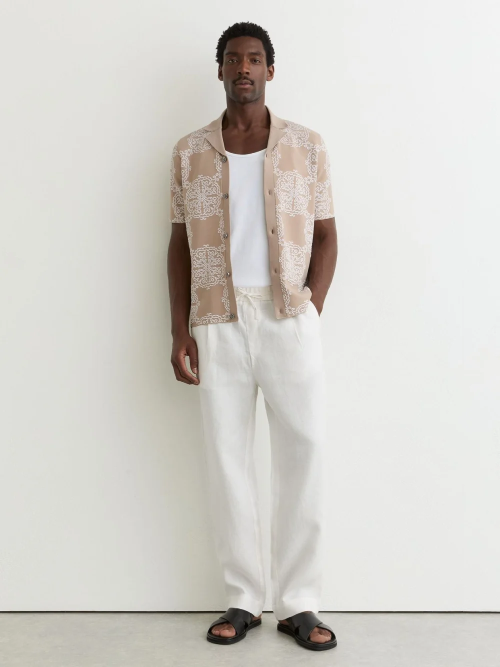 Reiss Champagne & White Jacquard Knit Cuban-collar Shirt, view 3