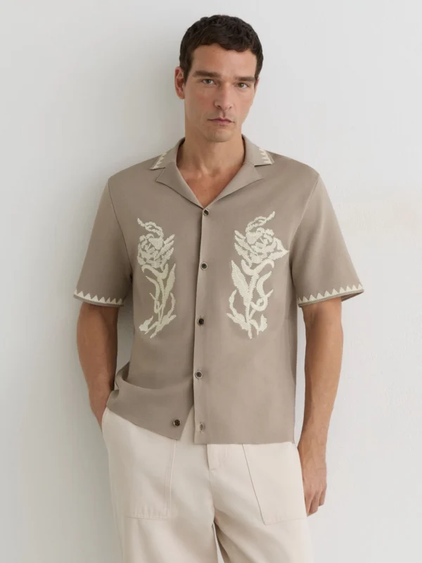 Reiss Champagne Floral-embroidered Knitted Shirt