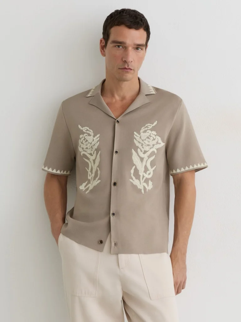Reiss Champagne Floral-embroidered Knitted Shirt