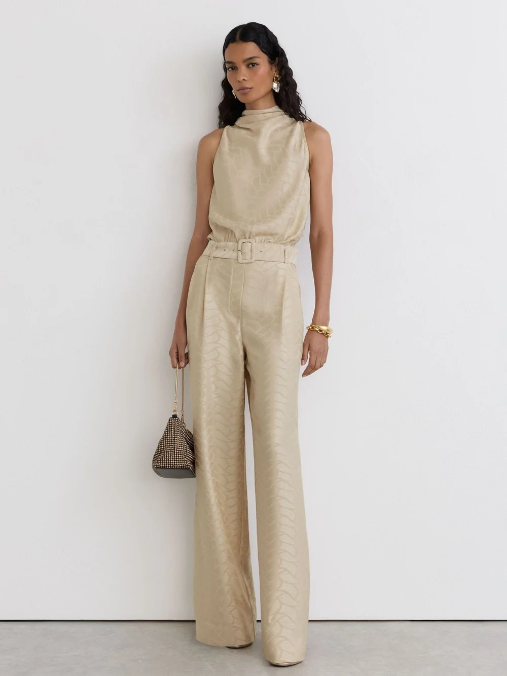 Reiss Champagne Neutral Jacquard Cowl-neck Belted Jumpsuit