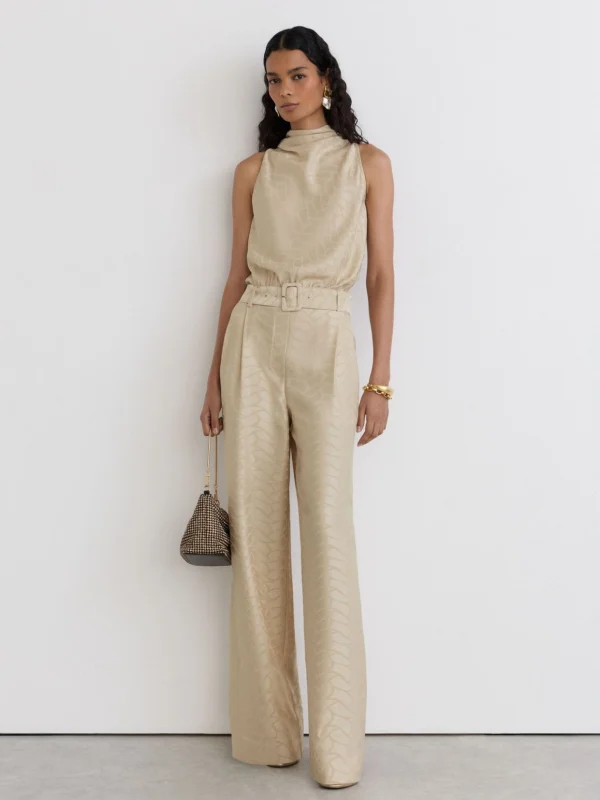 Reiss Champagne Neutral Jacquard Cowl-neck Belted Jumpsuit