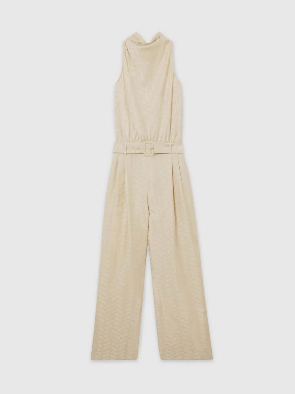 Reiss Champagne Neutral Jacquard Cowl-neck Belted Jumpsuit, view 2