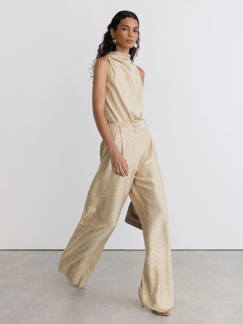 Reiss Champagne Neutral Jacquard Cowl-neck Belted Jumpsuit, view 3