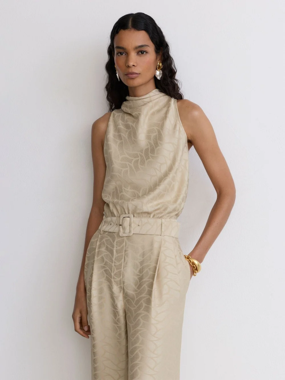 Reiss Champagne Neutral Jacquard Cowl-neck Belted Jumpsuit, view 4