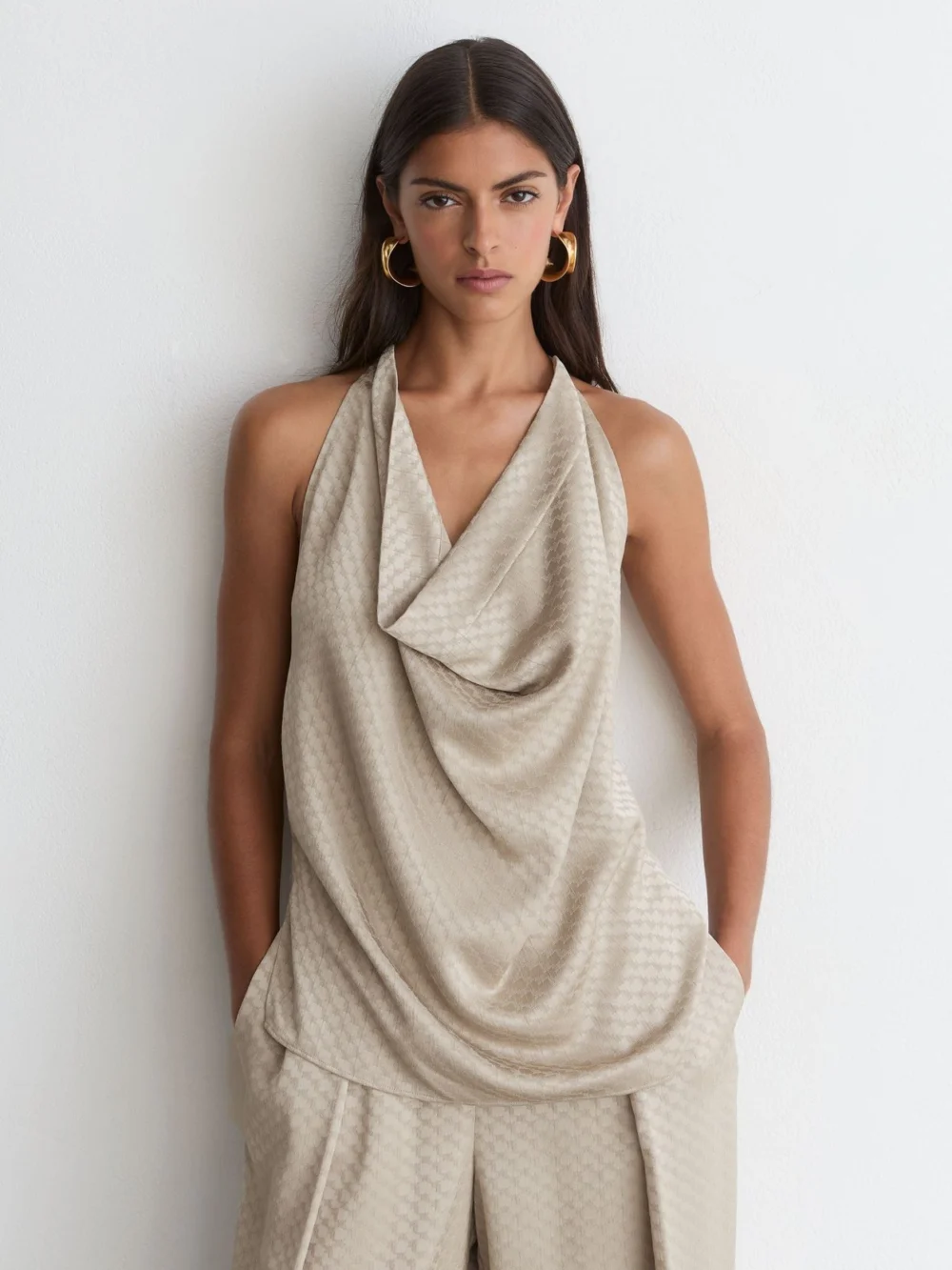 Reiss Champagne Neutral Jacquard Draped Sleeveless Top