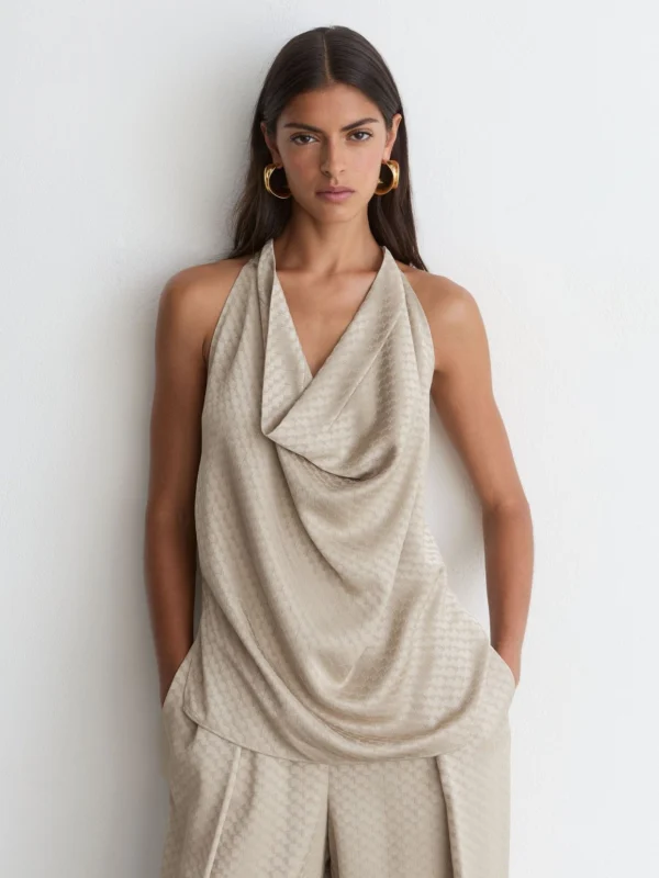 Reiss Champagne Neutral Jacquard Draped Sleeveless Top