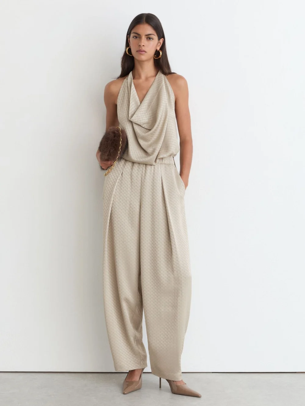 Reiss Champagne Neutral Jacquard Draped Sleeveless Top, view 3