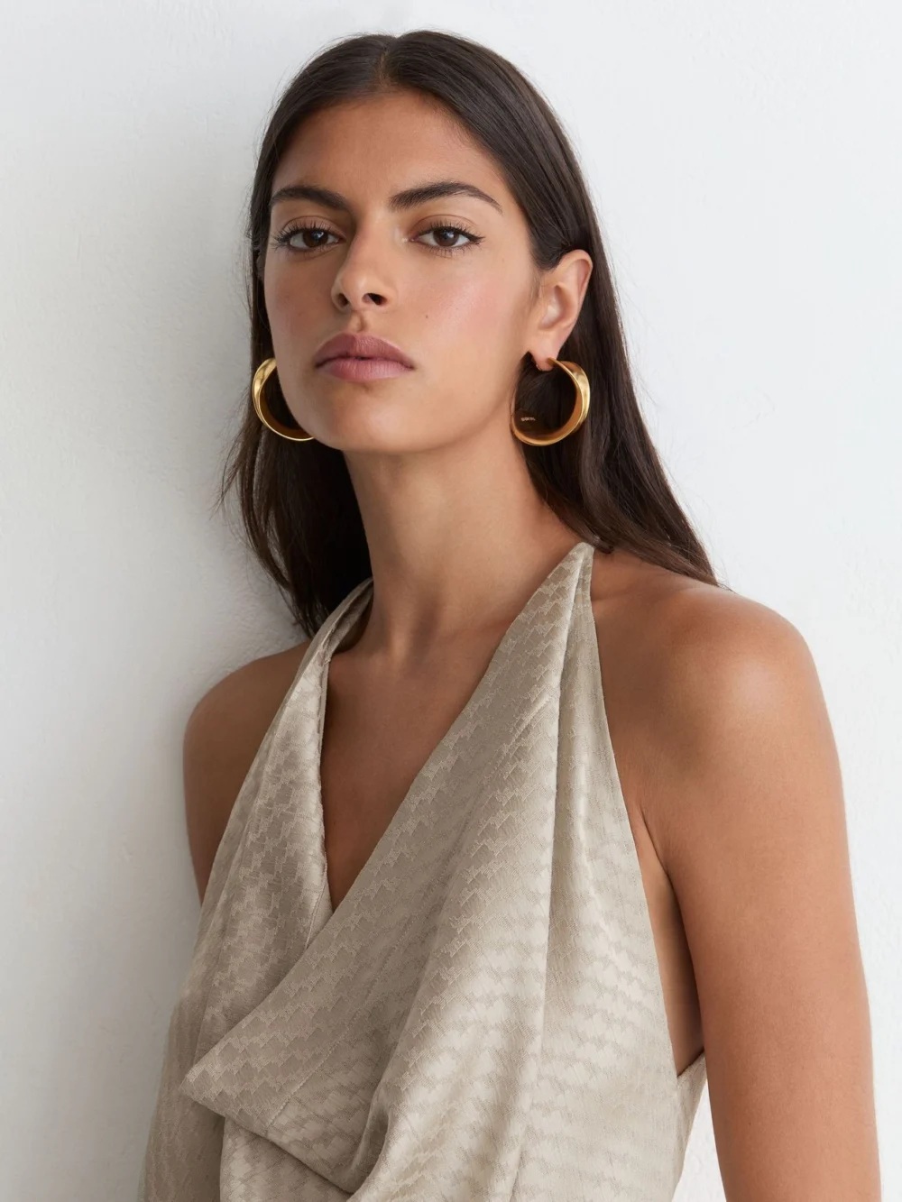Reiss Champagne Neutral Jacquard Draped Sleeveless Top, view 4