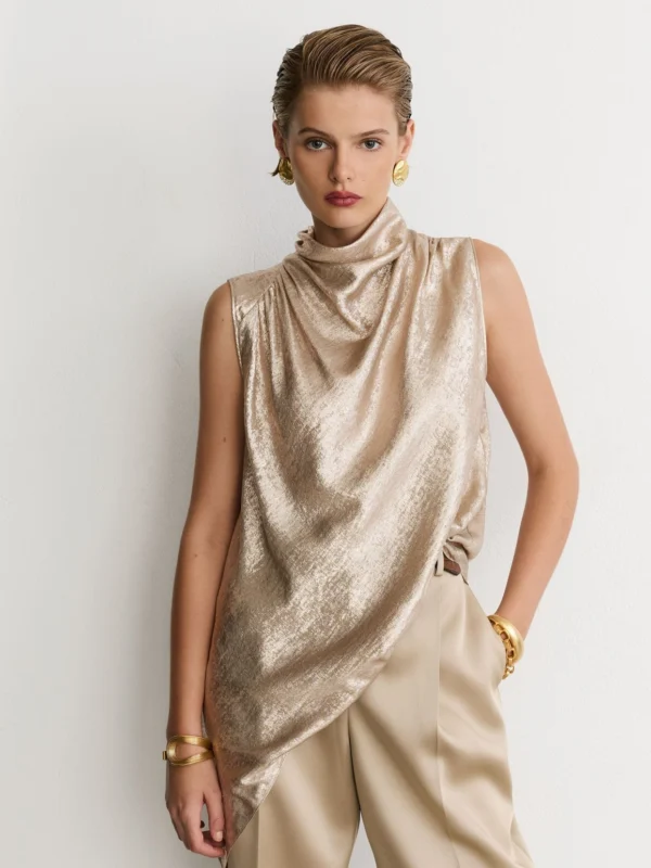 Reiss Champagne Neutral Metallic Draped High-neck Sleeveless Top