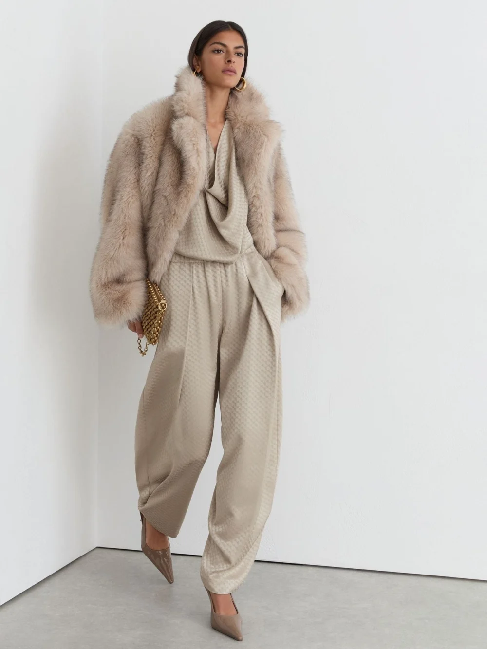 Reiss Champagne Neutral Petite Jacquard Pleated Tapered Trousers