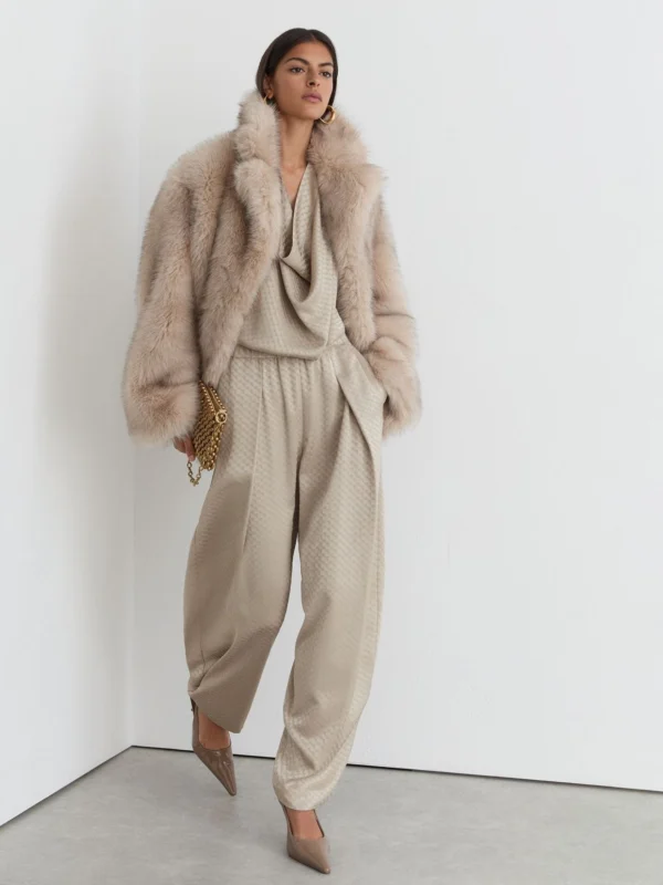 Reiss Champagne Neutral Petite Jacquard Pleated Tapered Trousers
