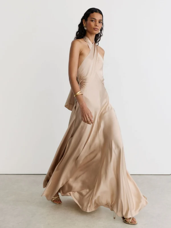 Reiss Champagne Neutral Satin Halterneck Empire-line Maxi Dress