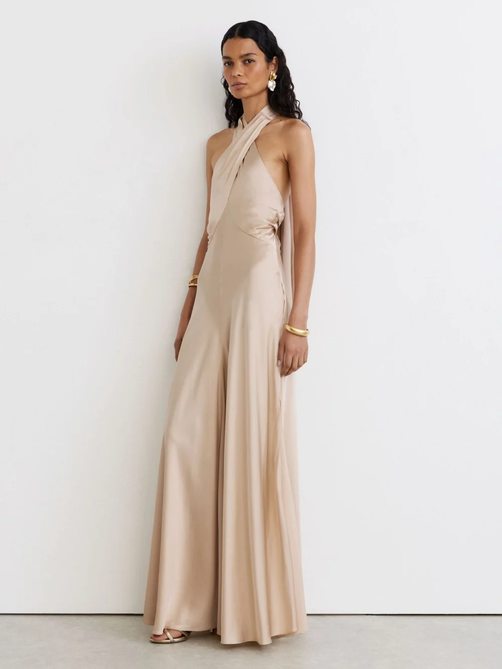 Reiss Champagne Neutral Satin Halterneck Empire-line Maxi Dress, view 3