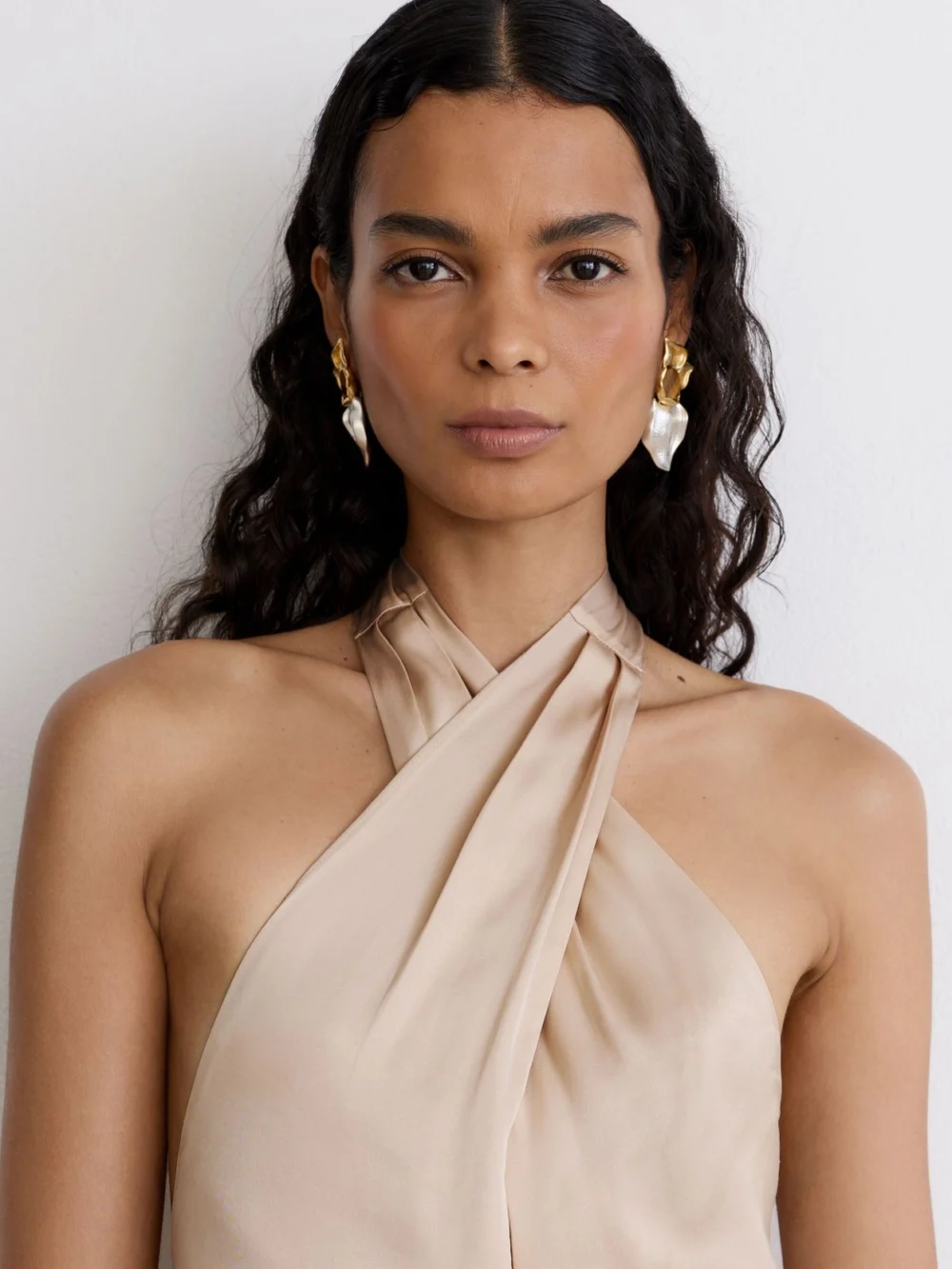 Reiss Champagne Neutral Satin Halterneck Empire-line Maxi Dress, view 4