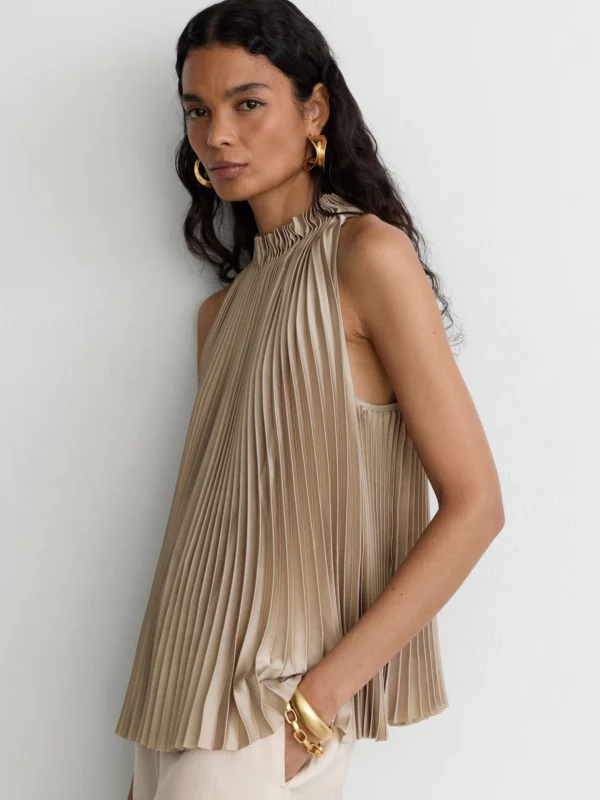 Reiss Champagne Neutral Satin Pleated High-neck Sleeveless Top