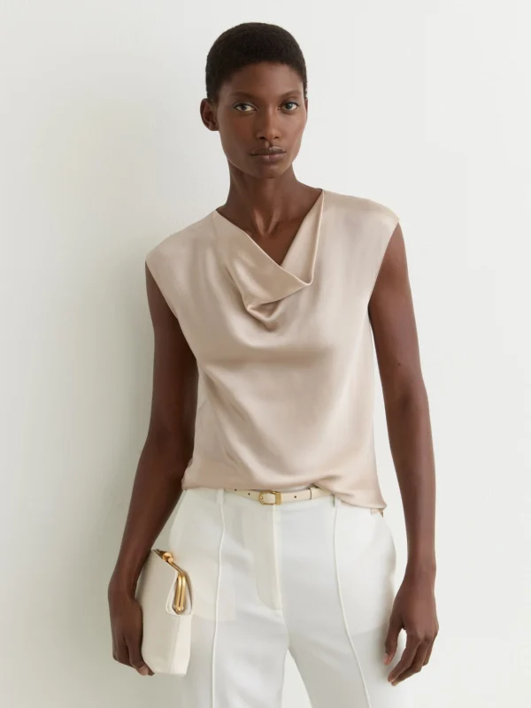 Reiss Champagne Neutral Silk Cowl-neck Sleeveless Top