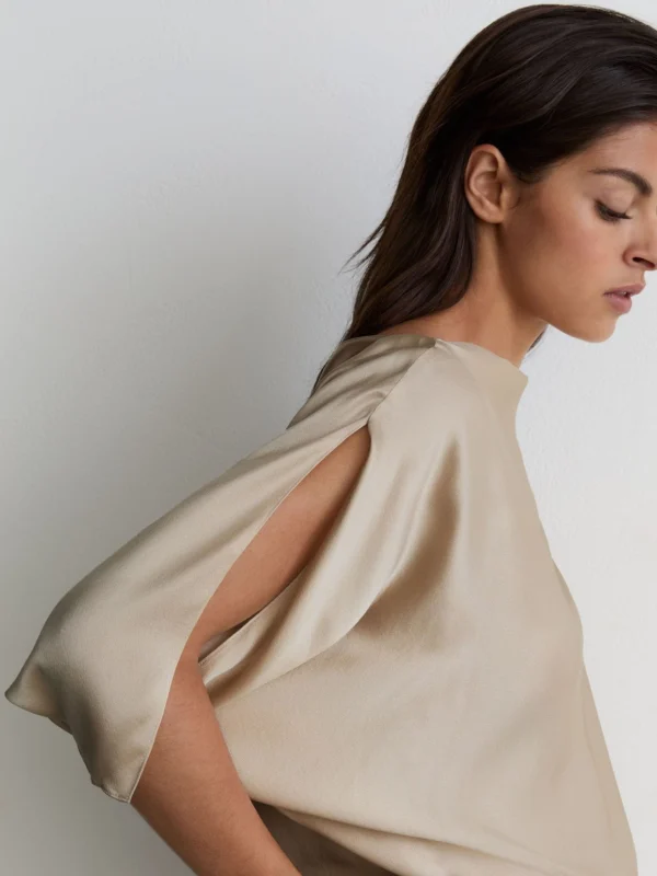 Reiss Champagne Neutral Silk Draped Split-sleeve Top