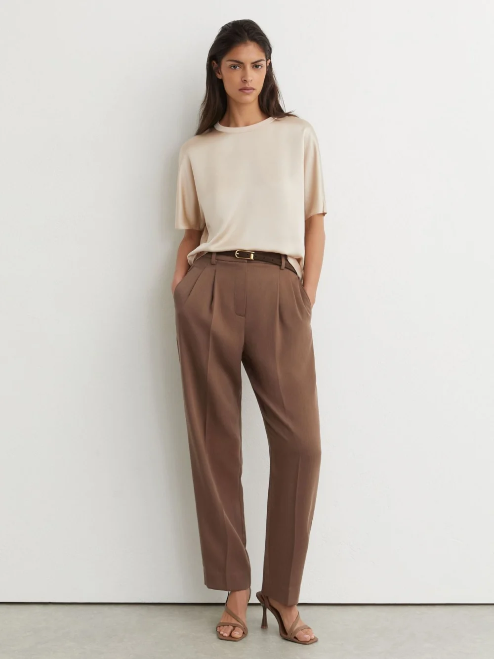 Reiss Champagne Neutral Silk Short-sleeve Top, view 4