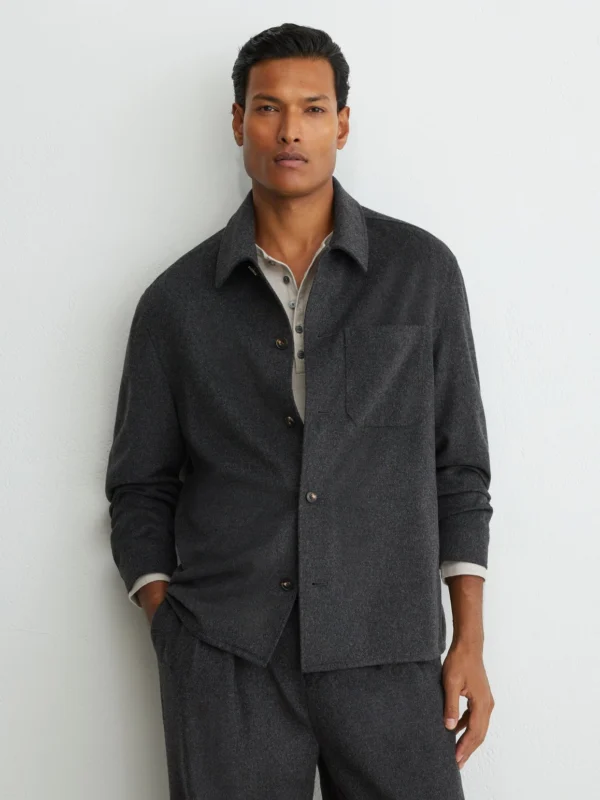 Reiss Charcoal Grey Brushed Wool-blend Patch-pocket Overshirt
