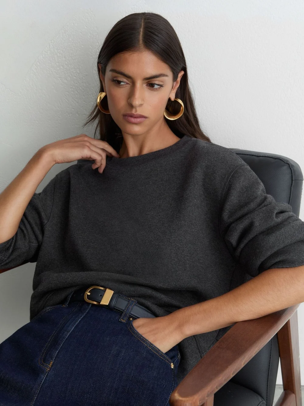 Reiss Charcoal Grey Marl Cotton-blend Sweatshirt with Cashmere