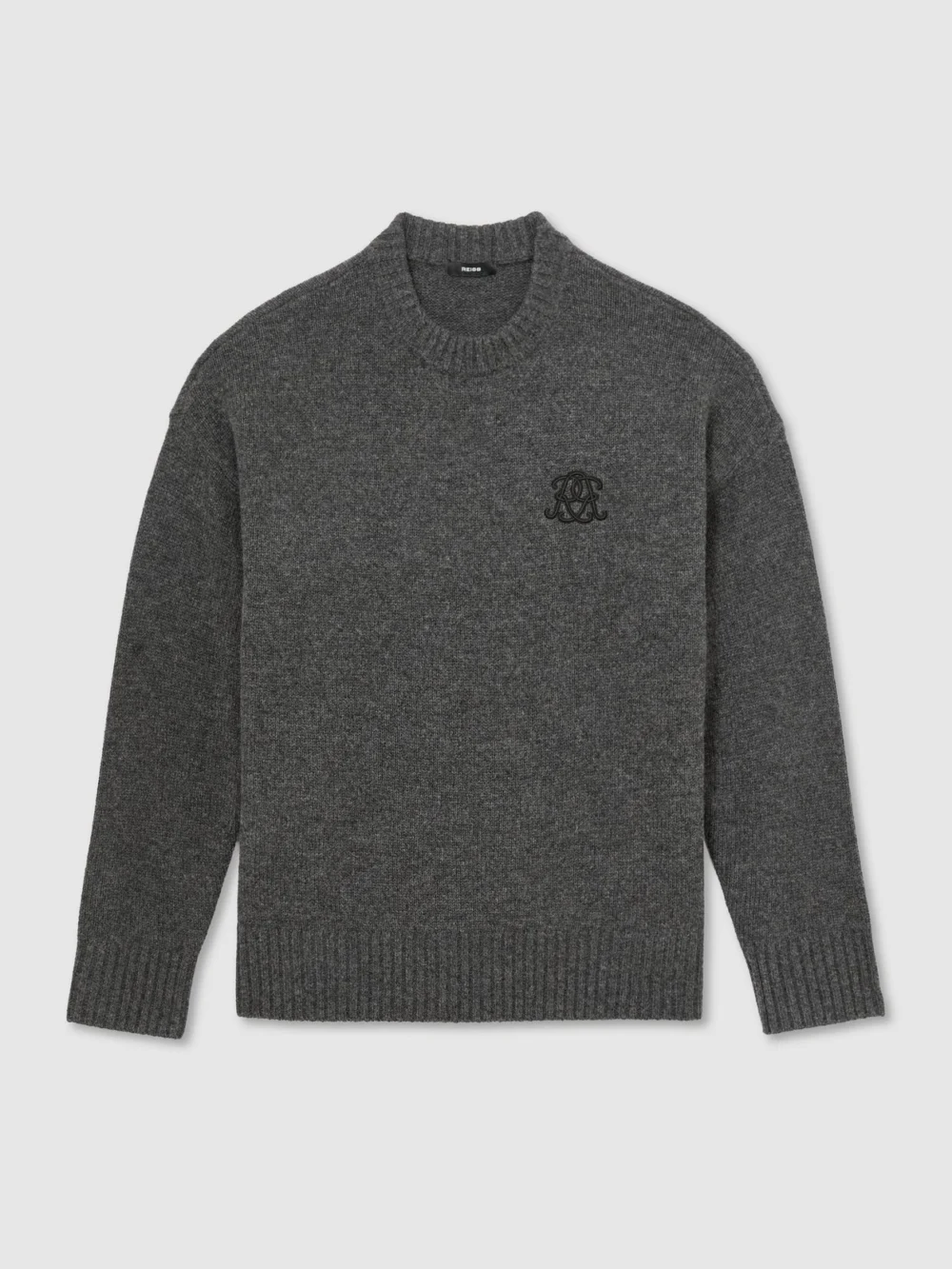 Reiss Charcoal Grey Monogram Embroidered Relaxed Wool Jumper, view 2