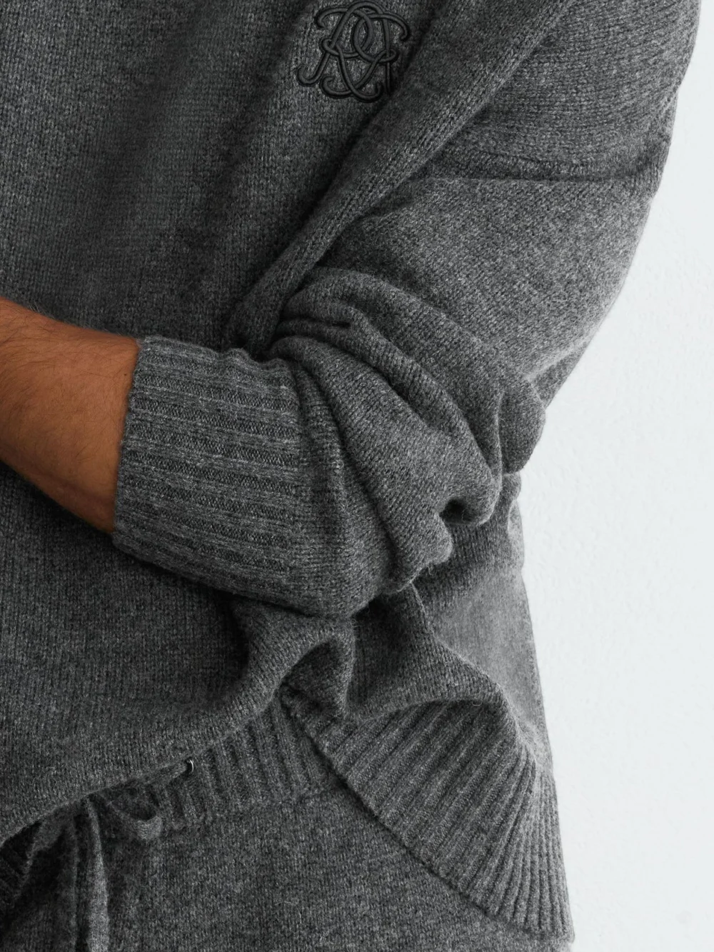 Reiss Charcoal Grey Monogram Embroidered Relaxed Wool Jumper, view 3
