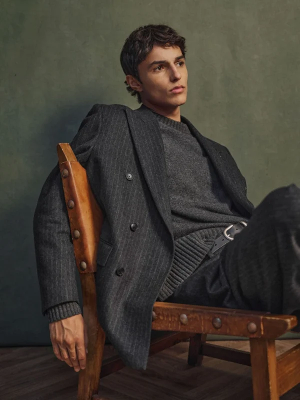 Reiss Charcoal Grey Monogram Wool-blend Chalk-stripe Double-breasted Blazer Relaxed-fit