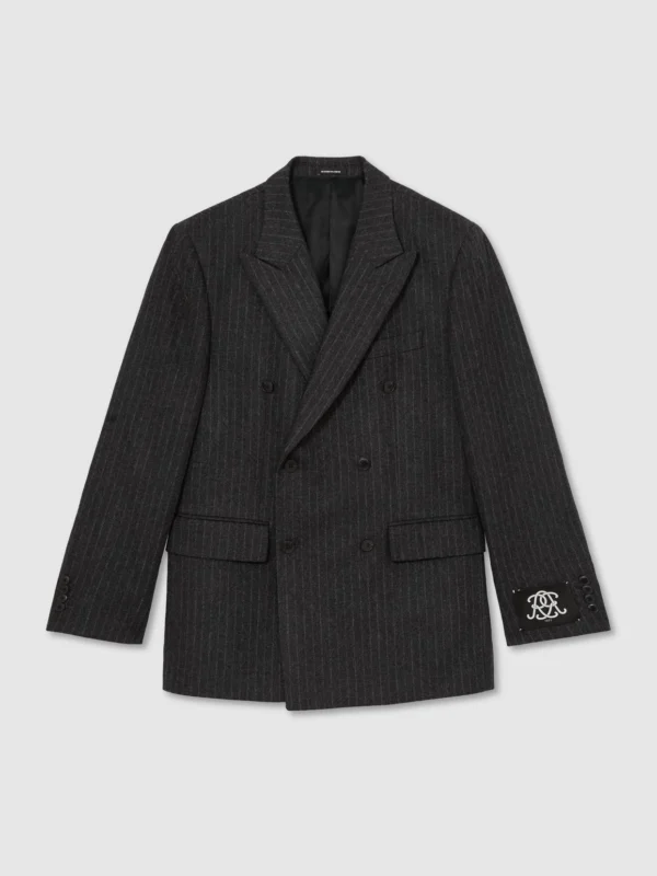 Reiss Charcoal Grey Monogram Wool-blend Chalk-stripe Double-breasted Blazer Relaxed-fit