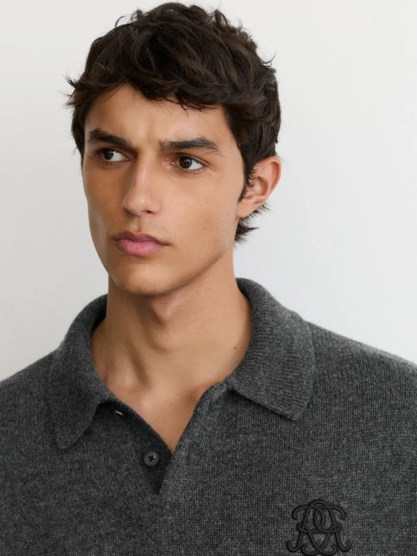 Reiss Charcoal Grey Monogram Wool Relaxed-fit Polo Jumper