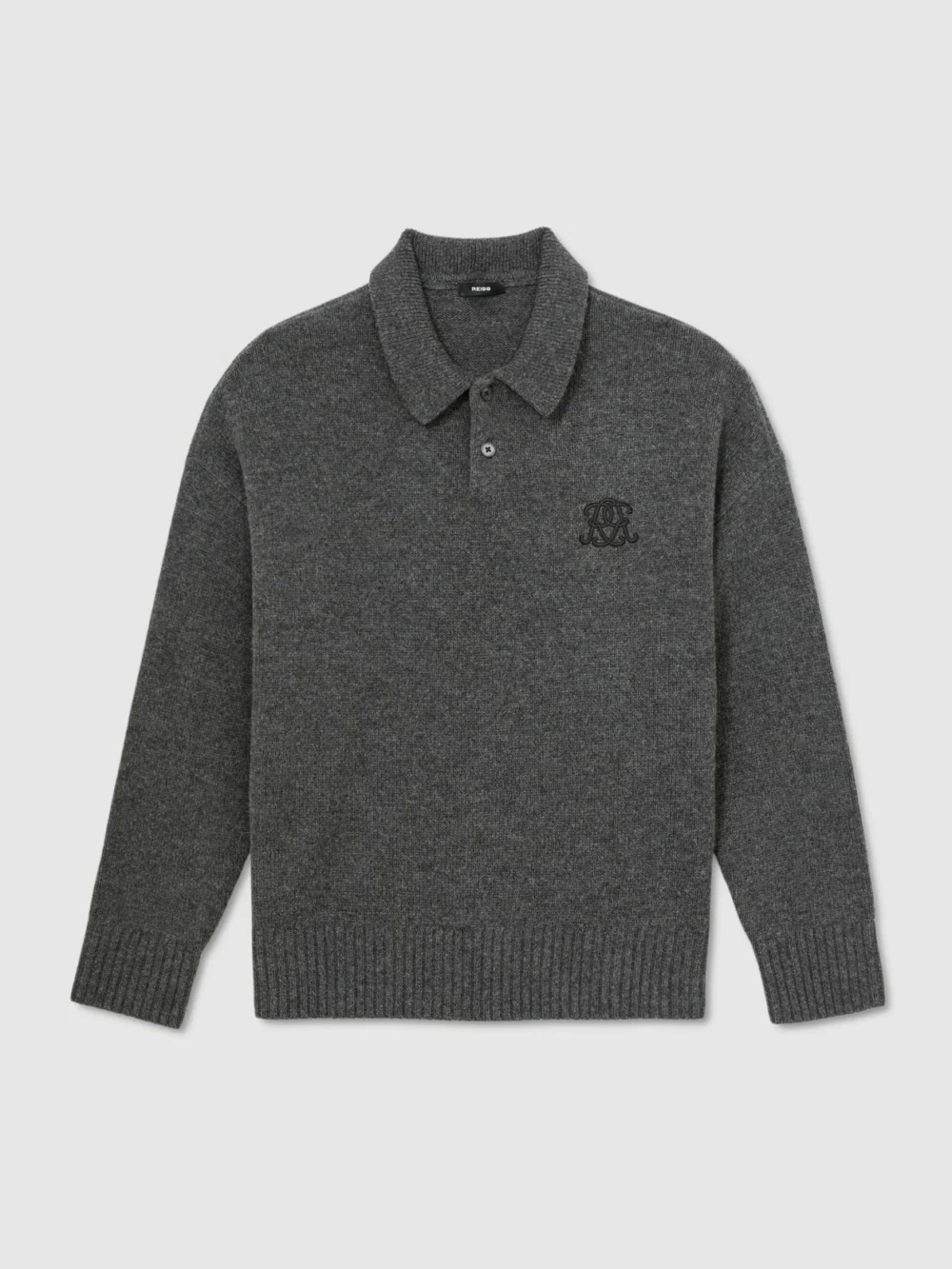 Reiss Charcoal Grey Monogram Wool Relaxed-fit Polo Jumper, view 2