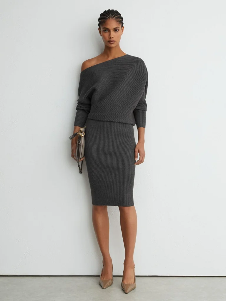 Reiss Charcoal Grey Off-the-shoulder Ribbed Midi Dress