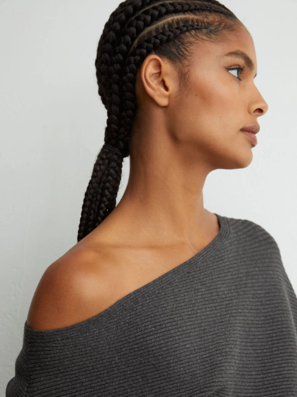 Reiss Charcoal Grey Off-the-shoulder Ribbed Midi Dress, view 3