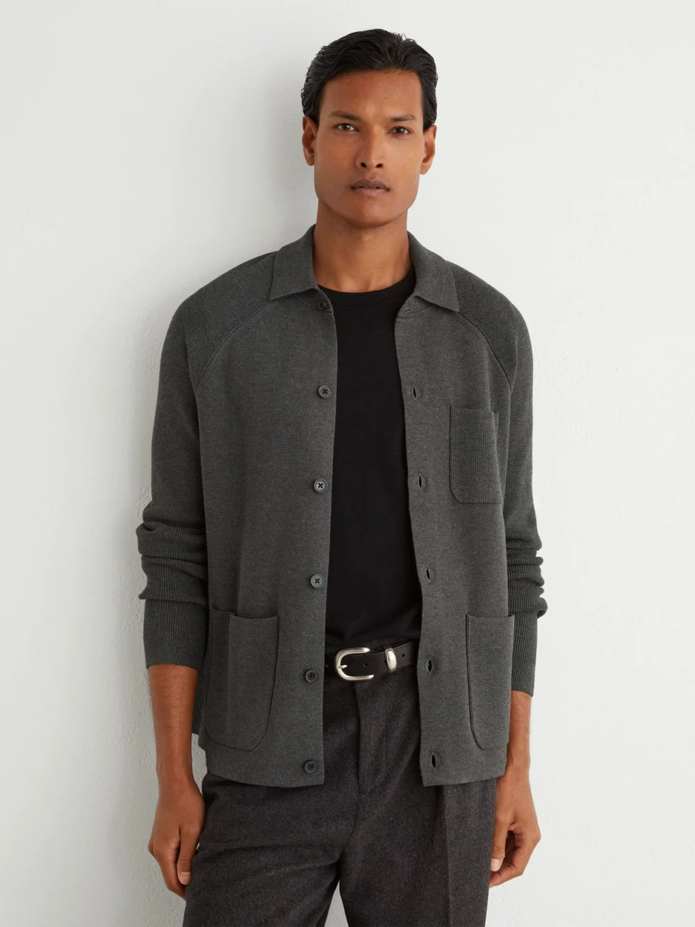 Reiss Charcoal Grey Rib-knit Detail Button-through Cardigan