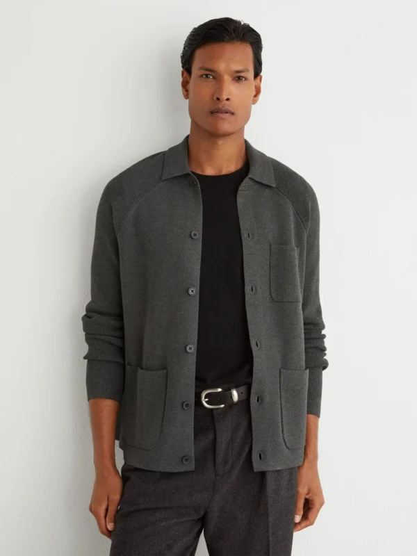 Reiss Charcoal Grey Rib-knit Detail Button-through Cardigan