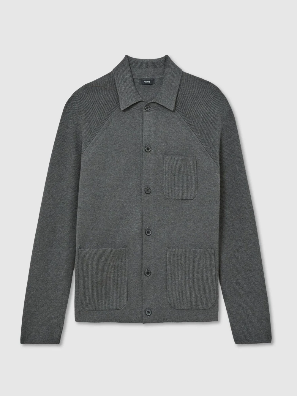 Reiss Charcoal Grey Rib-knit Detail Button-through Cardigan, view 2