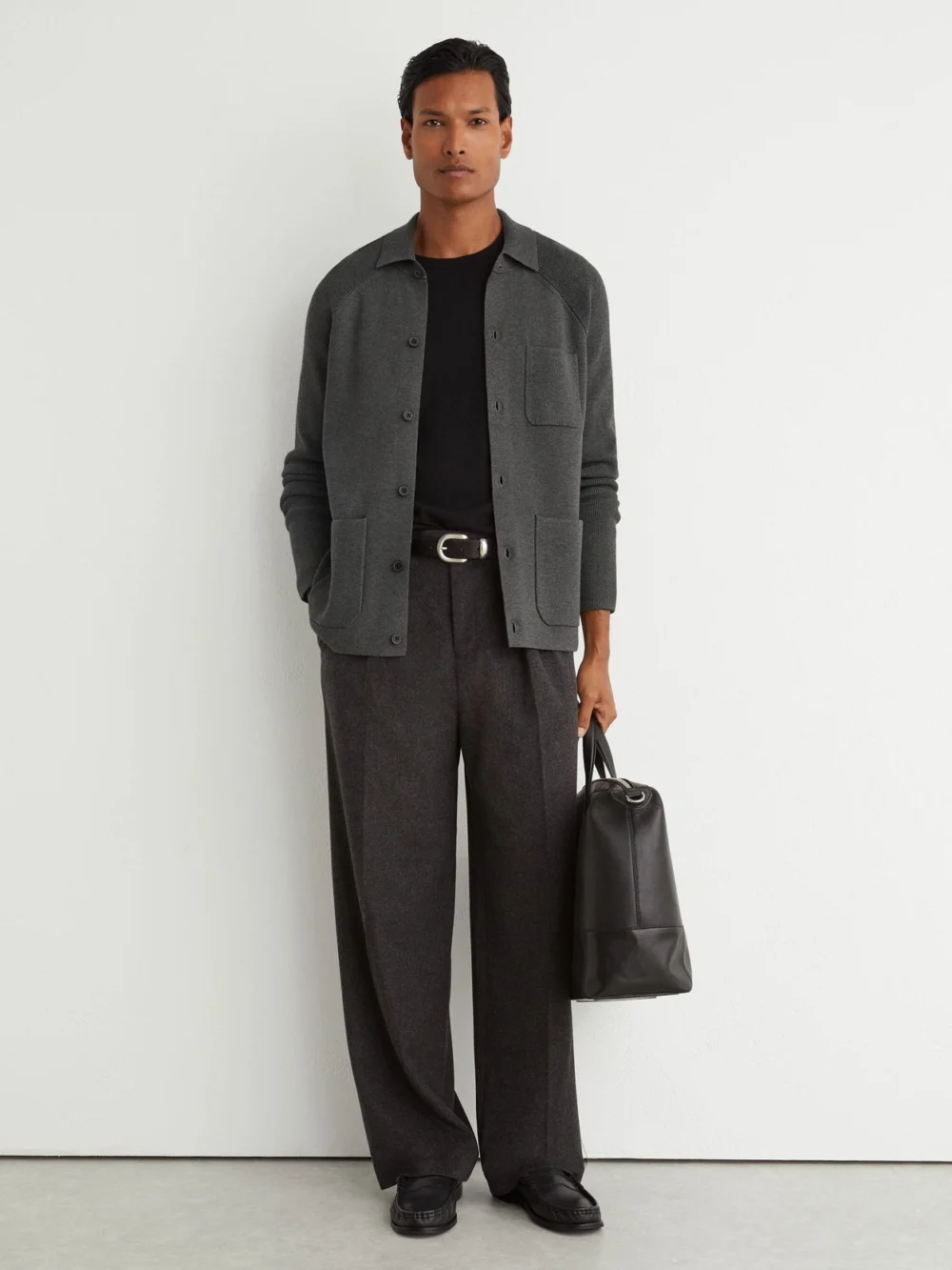 Reiss Charcoal Grey Rib-knit Detail Button-through Cardigan, view 3